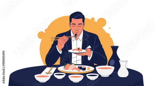 Sophisticated man in a dark suit eating sushi with chopsticks at a table set with various Japanese dishes and drinks.