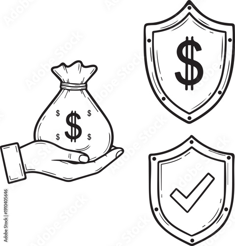 Hand Holding Money Bag with Security Shields and Checkmark Icons for Financial Protection Concept