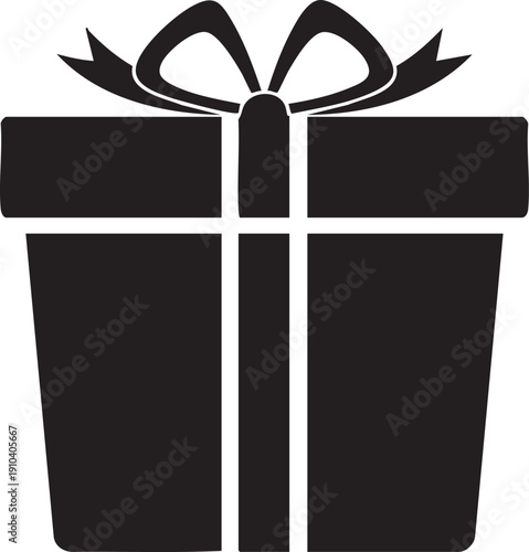 Clean silhouette of a gift box with a simple ribbon and bow, conveying a sense of surprise and celebration.