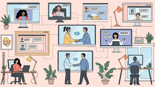 Extensive network of people working from home and participating in video conferences through various computer screens and devices.