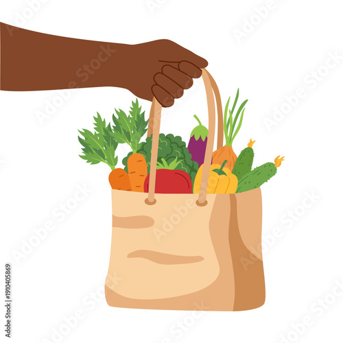 Shopping bag full of vegetables in human hands isolated on white background. Shopping, healthy food, delivery, farming concepts. Vector flat clipart.