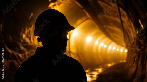 Underground mining scene showing a faceless worker in a dark tunnel with lights illuminating the path ahead during late hours of the day