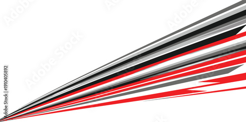 Dynamic red, black, and gray abstract stripes speeding across white background