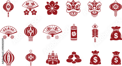 Collection of 15 chinese new year icons isolated on transparent background