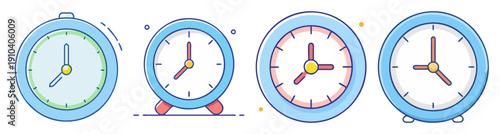 Set of four colorful vector analog clocks showing different times isolated on white background minimal design