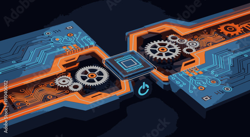 A vibrant illustration depicts a futuristic circuit board with gears and a central processing unit, symbolizing advanced digital technology, data, innovation.