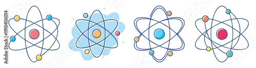 Colorful atomic structure vector icons set with nucleus and orbiting electrons in vibrant blue and purple gradients for science and technology designs