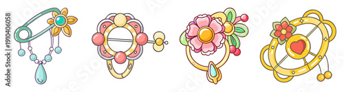 Colorful floral brooch vector icons set with gemstones and gold frames for fashion jewelry design and accessories
