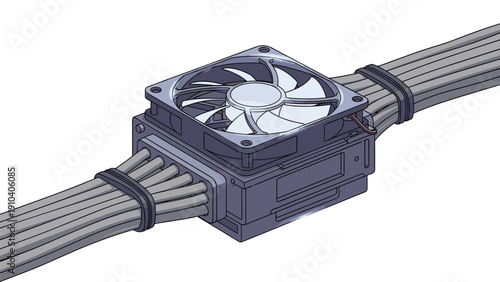 Detailed technical illustration of a computer cooling fan mounted on a heat sink with several grey electrical cables attached.