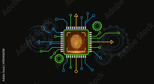 An intricate illustration of a microchip with a glowing fingerprint symbol, representing advanced digital security and biometric authentication technology.