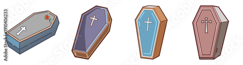 Set of four vector coffin icons in different colors and styles for funeral, death, memorial, and halloween designs