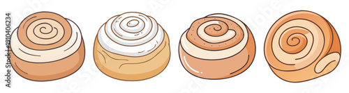 Set of three delicious golden cinnamon rolls with swirl icing vector icons isolated on white background