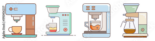 Modern coffee maker vector icon set with cups, brewing process, and kitchen appliances in flat design style