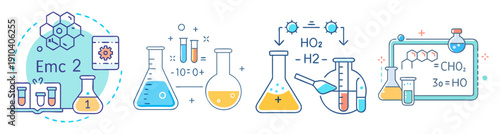 Colorful chemistry vector icons set with lab equipment, science formulas, and HD digital elements for education and research