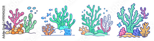 Colorful underwater coral reef vector icon set with tropical fish seaweed and ocean plants isolated on white background