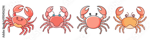 Set of four colorful cartoon crabs vector icons isolated on white background, seafood marine life illustration, flat design crustacean clipart