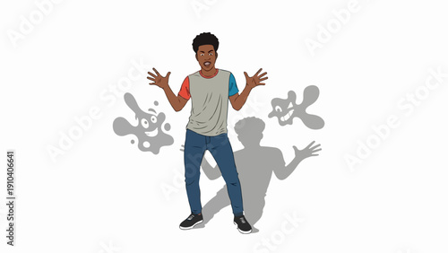 Man expressing emotion, hands raised showing surprise or confusion on white. Man expressing emotion features quirky shadow figures symbolizing complex internal thoughts.