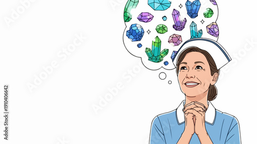 Smiling nurse crystal vision, hands clasped. Female nurse in scrubs, white cap; thought bubble shows colorful precious crystals, shiny minerals. Nurse crystal vision for future aspirations,