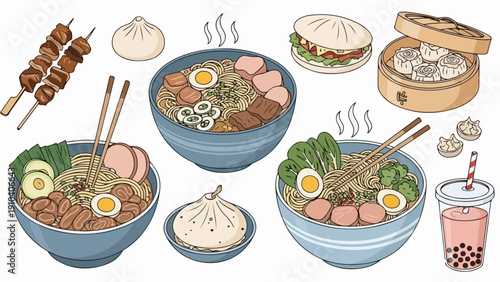 Delicious Asian food spread featuring steaming ramen bowls, savory bao buns, and grilled skewers. Asian food selection includes hearty noodle soups with toppings, delicate dumplings,