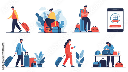 Group of people in diverse travel situations including walking with suitcases, sitting on luggage, and preparing for a journey.