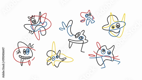 Simple doodle characters, hand drawn with colorful lines on white background. Playful doodle characters express various quirky emotions, unique faces and abstract shapes forming each figure.