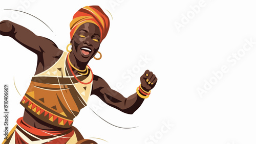 Stylized African woman dance with vibrant traditional costume and rhythmic motion. Joyful African woman dance showcases cultural celebration and expressive movement.