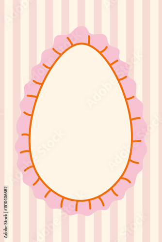 Easter Egg Card Template. Coquette Lace Frame on Pink Striped Background. Charming Spring holiday poster greeting postcard layout. Vector illustration