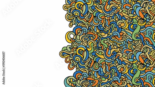 Colorful abstract pattern with intricate swirling lines and organic shapes forming a dense texture on right side. Abstract pattern features a vibrant mix of blues, greens, yellows, and oranges,
