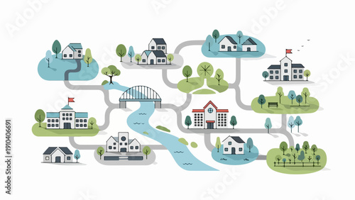 Flat community map displaying houses, schools, and church connected by roads, green trees, and river. Community map features residential buildings, educational facilities,