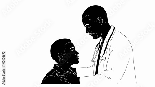 Black doctor in lab coat and stethoscope examines young patient, symbolizing medical care and trust. This illustration represents healthcare, pediatric checkups, and professional support.