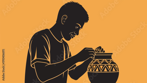Silhouette man saving money into decorative ceramic pot. Figure carefully places coin, illustrating financial planning, smart saving money for future wealth. Concept of personal finance,