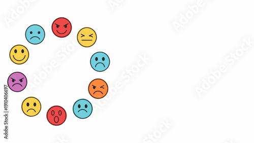 Vibrant emotion faces arranged in circle on white background showing human emotion. Icons display expressions: happy, sad, angry, surprised, neutral emotion faces.