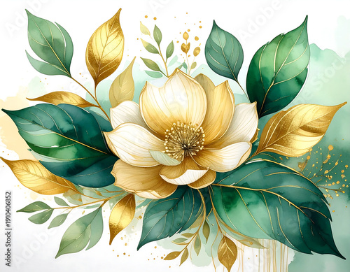 Watercolor golden flower with green leaves, detailed petals and abstract background