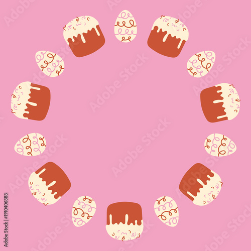 Easter Kulich and Egg Frame. Traditional Russian Holiday Sweet Bread with glazing swirl loop wavy sprinkles festive elements. Square Card template. Vector