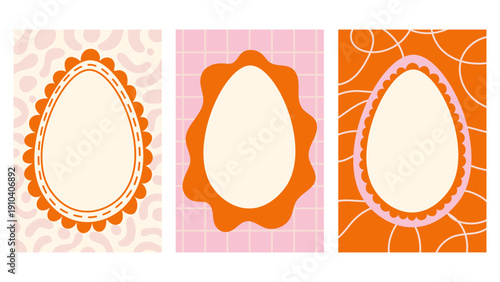 Modern Easter Egg Card Template Set. Trendy Drawn Holiday Background collection with copy space for text Lace wavy scalloped edge spotted line grid lattice texture