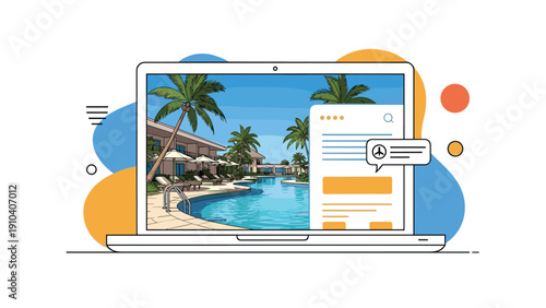 Laptop computer screen displaying a website for a luxury tropical resort featuring a large swimming pool and palm trees.