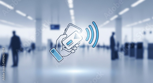 Mobile phone with nfc technology in airport terminal contactless payment and communication symbol with blue waves