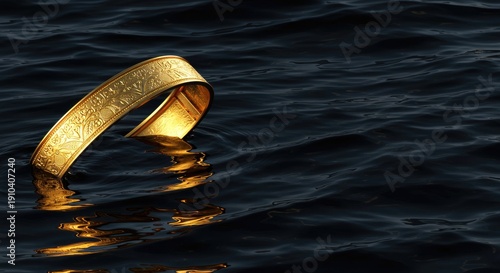 Golden ring floating on the surface of a dark blue body of water