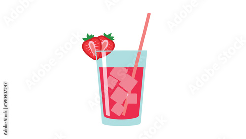 Cold strawberry juice in a tall glass with ice cubes, a pink drinking straw, and a fresh berry garnish on a plain white background.