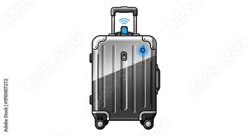 Smart silver luggage with blue accents and handle extended on white background for travel and transportation