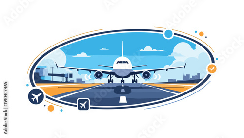 Commercial passenger airplane taking off from a runway within an oval frame surrounded by travel icons and a city skyline background.