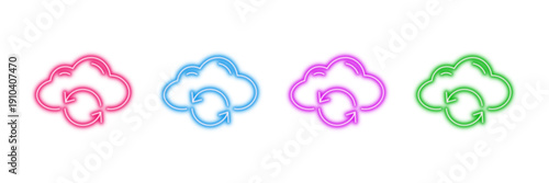 Neon glowing cloud sync vector icons set, data transfer, online storage, update, network computing, vibrant digital illustration.