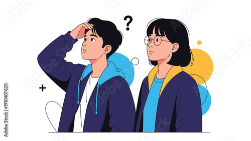 Young man and woman looking up with confused facial expressions next to a large question mark and abstract geometric shapes.