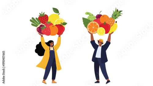Two diverse people, a man and a woman, happily holding up large overflowing baskets of various fresh fruits and colorful vegetables.