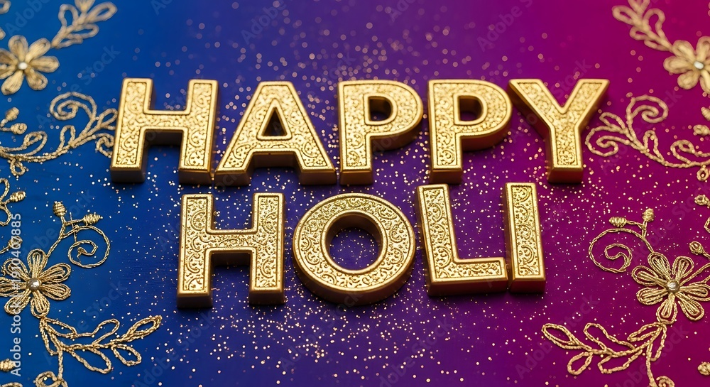 Fototapeta premium Happy Holi festival celebration gold glitter text on purple floral background