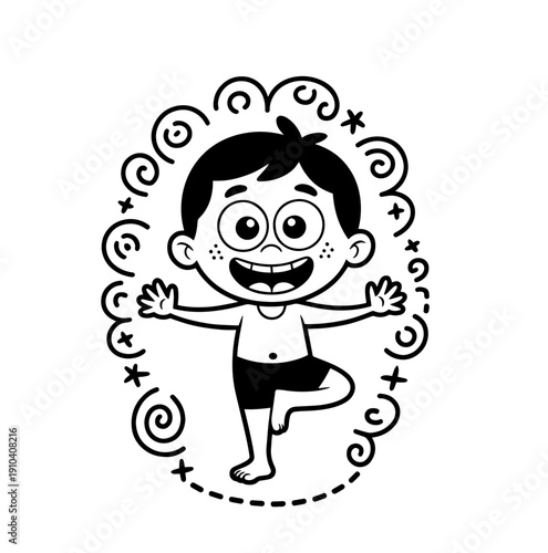 Vector flat illustration with doodle yoga boy  