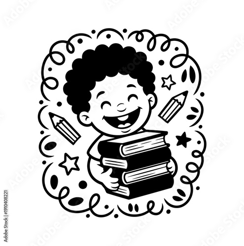 Vector flat illustration with doodle boy with books