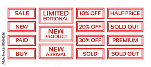Sale product marking badges. Red sold out emblem in frame. Set rectangle best price stickers. New arrival label in border. Marketing retail badge. Text box with buy tags. Vector illustration