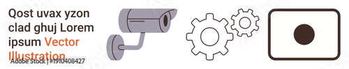 Security systems, data analysis, technology concepts, surveillance, automation, and privacy. Surveillance camera, gear icons and a square object with dot. Security systems and technology concepts