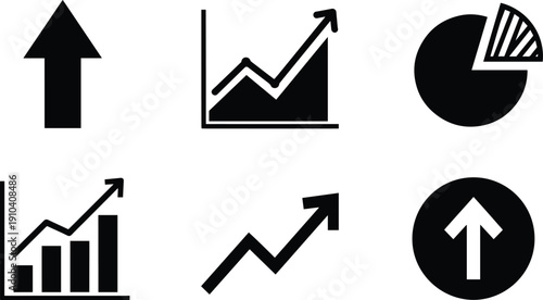 Set of vector silhouette design business chart icons bundle of 6 growth graph symbols